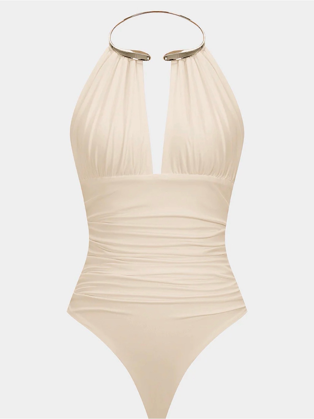 Micas Metallic Decor Halter Neck Ruched Bodysuit